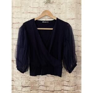 7th Avenue Top Womens XL Navy Blue Knit Mesh Balloon Sleeves Cropped Boho V Neck